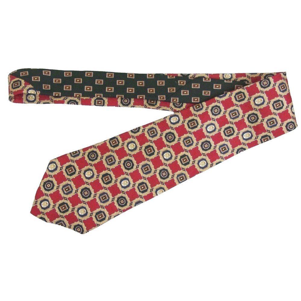 Tommy Hilfiger Red 100% Silk Neck Tie Green Medallion Crest Made in Italy A005